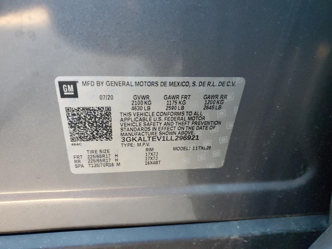 2020 GMC Terrain VIN 3GKALTEV1LL296921 Copart auction photo, front end damage thumbnail 15
