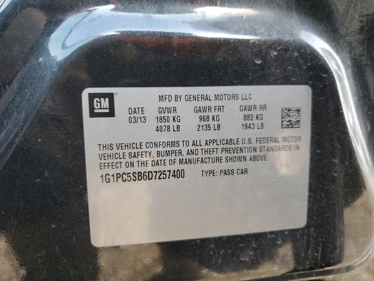 2013 Chevrolet Cruze VIN 1G1PC5SB6D7257400 Copart auction photo, rear end / mechanical damage thumbnail 12