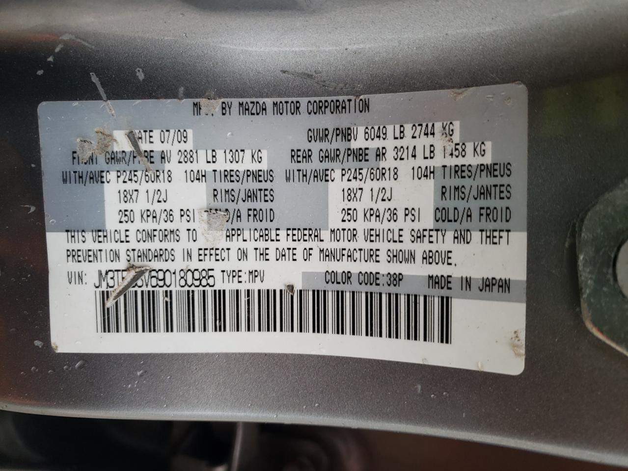 2009 Mazda CX-9 VIN JM3TB38V690180985 Copart auction photo, front end damage thumbnail 13