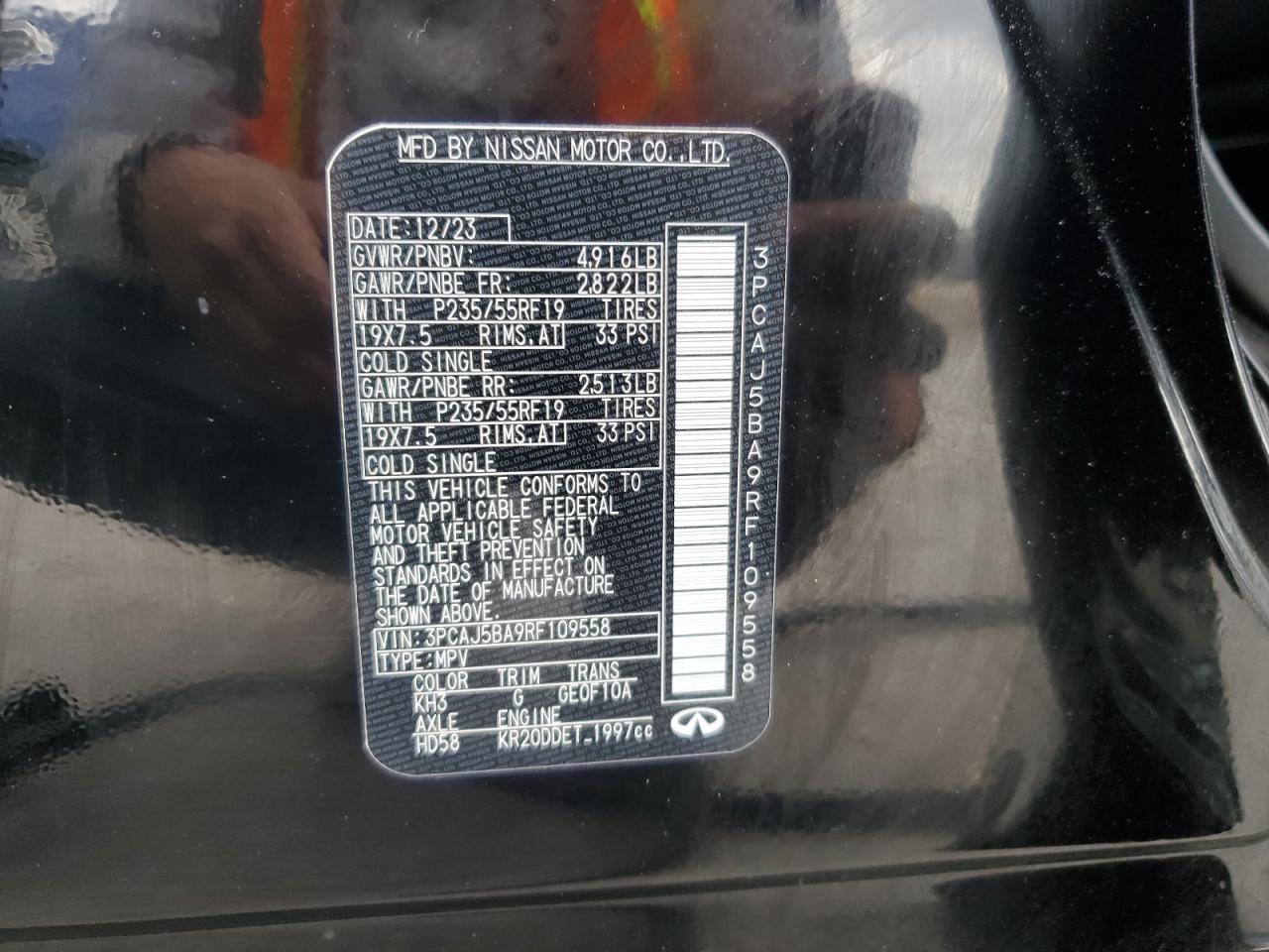 2024 Infiniti QX50 VIN 3PCAJ5BA9RF109558 Copart auction photo, side / rear end damage thumbnail 15