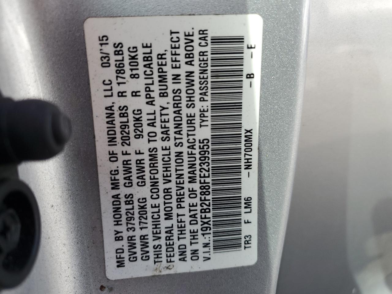 2015 Honda Civic VIN 19XFB2F88FE239955 Copart auction photo, front end damage thumbnail 12