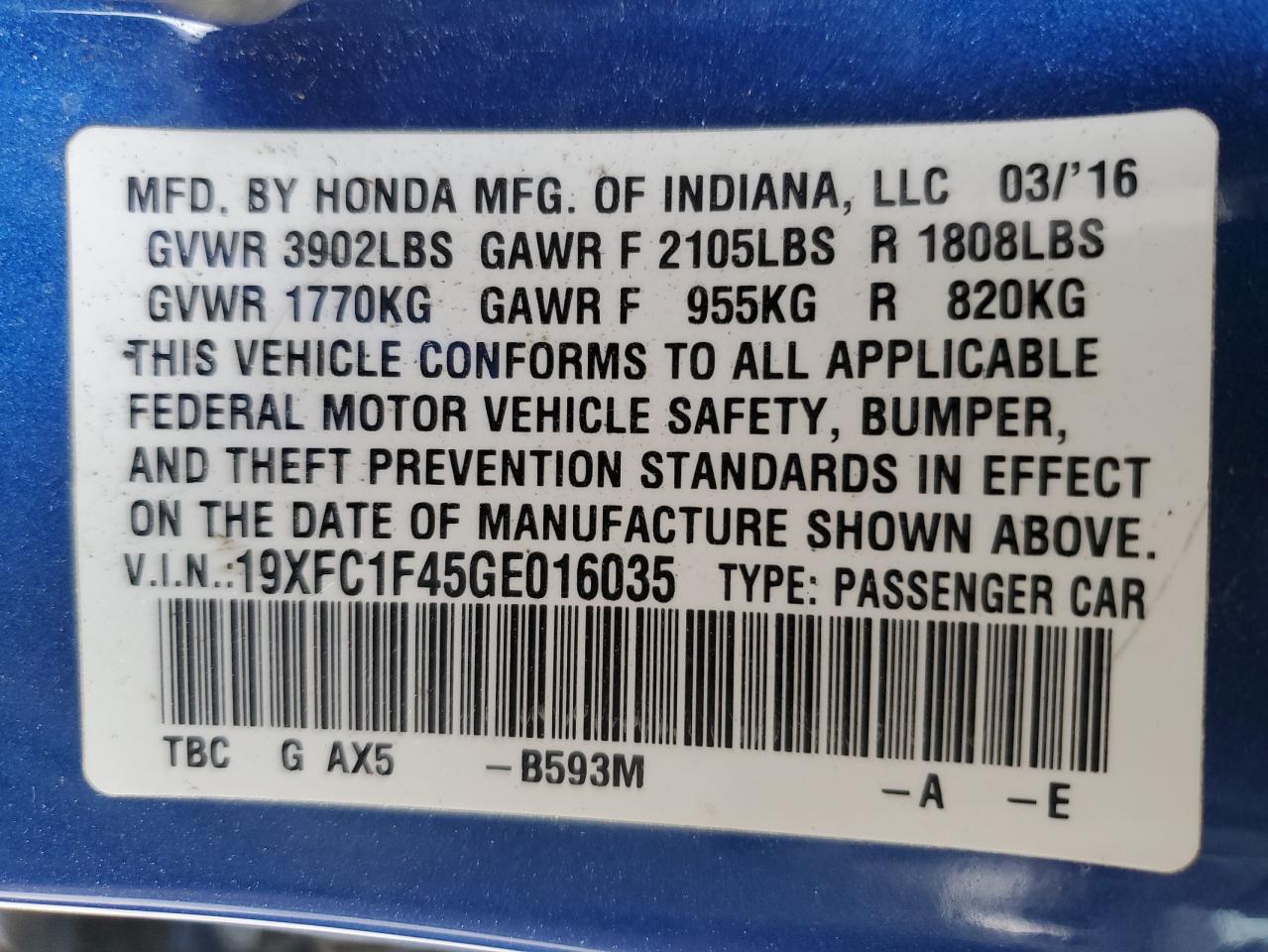 2016 Honda Civic VIN 19XFC1F45GE016035 Copart auction photo, front end / rear end damage thumbnail 12