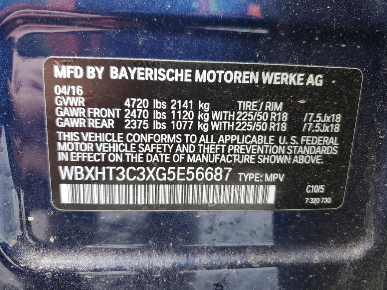 2016 BMW X1 VIN WBXHT3C3XG5E56687 Copart auction photo, front end damage thumbnail 13