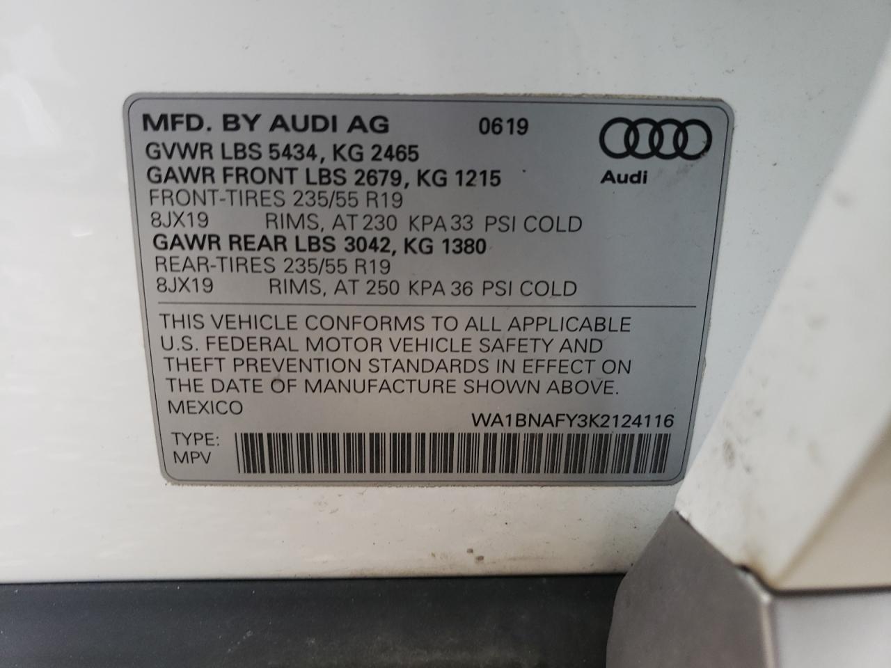 2019 Audi Q5 VIN WA1BNAFY3K2124116 Copart auction photo, front end / side damage thumbnail 14