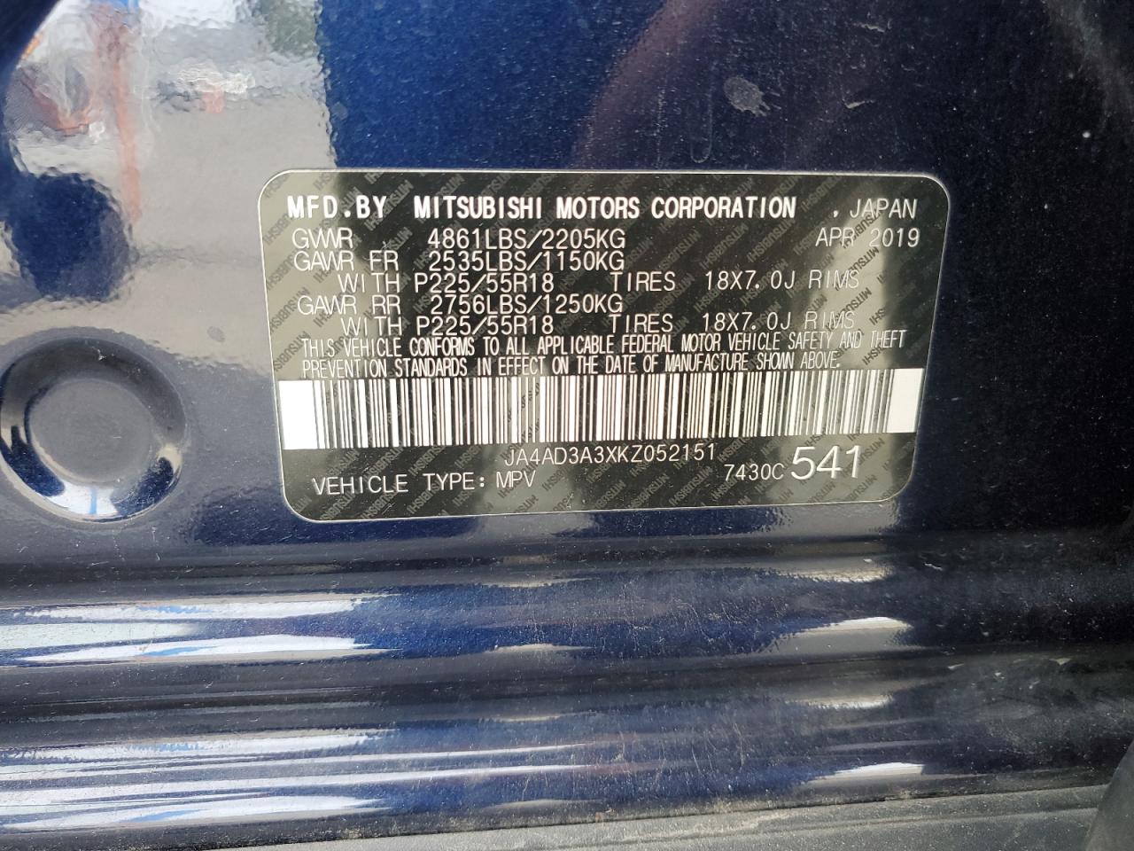 2019 Mitsubishi Outlander VIN JA4AD3A3XKZ052151 Copart auction photo, all over damage thumbnail 13