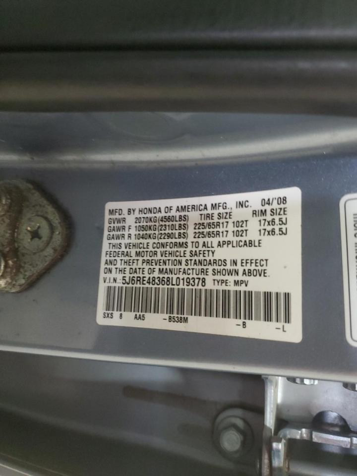 2008 Honda CR-V VIN 5J6RE48368L019378 Copart auction photo, front end damage thumbnail 14
