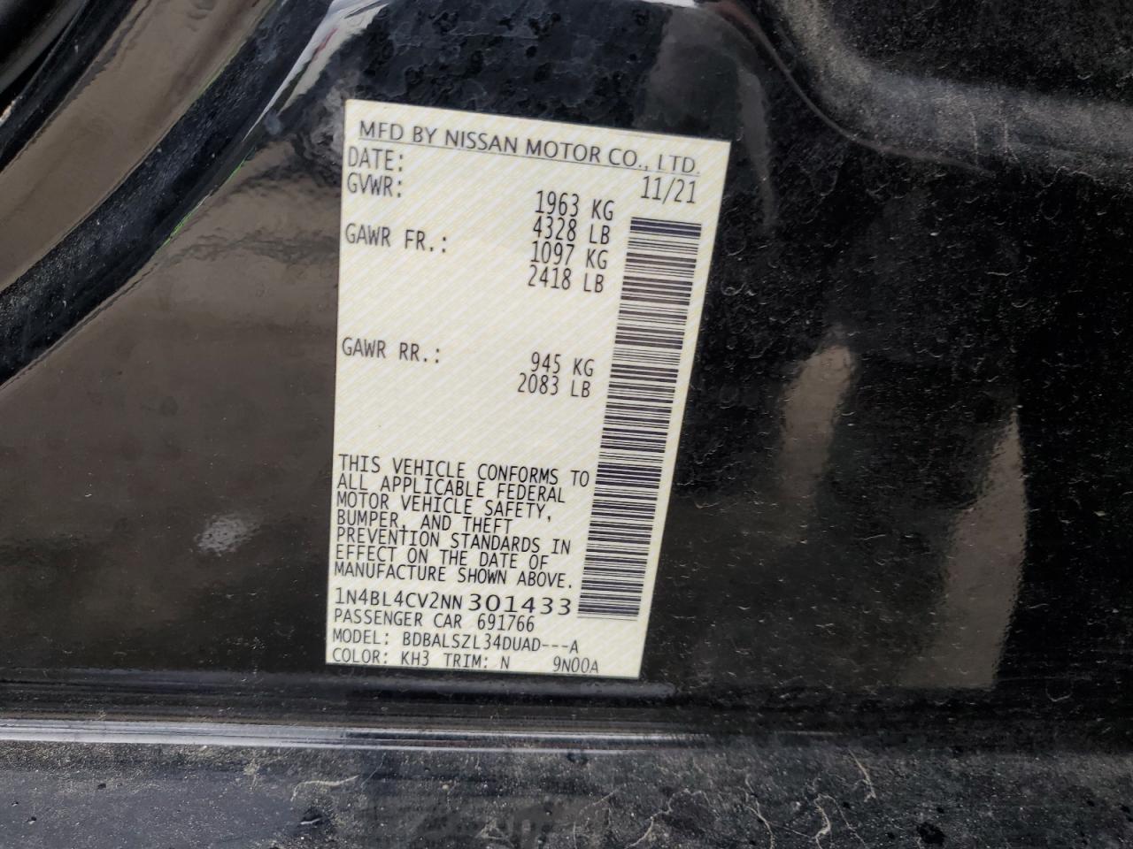 2022 Nissan Altima VIN 1N4BL4CV2NN301433 Copart auction photo, front end damage thumbnail 15