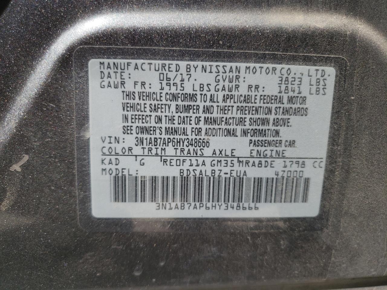 2017 Nissan Sentra VIN 3N1AB7AP6HY348666 Copart auction photo, front end / side damage thumbnail 14