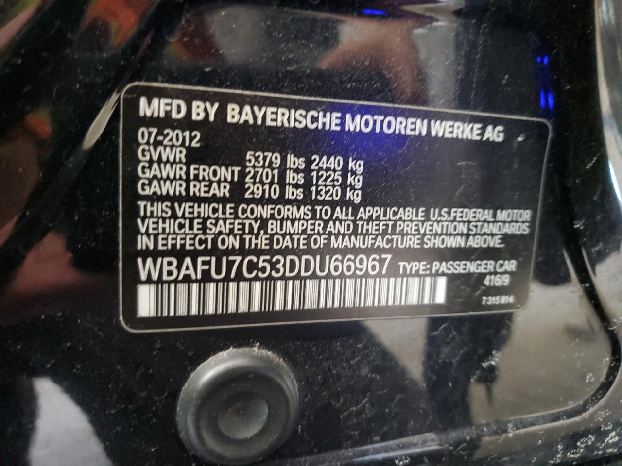 2013 BMW 5er VIN WBAFU7C53DDU66967 Copart auction photo, front end / undercarriage damage thumbnail 12