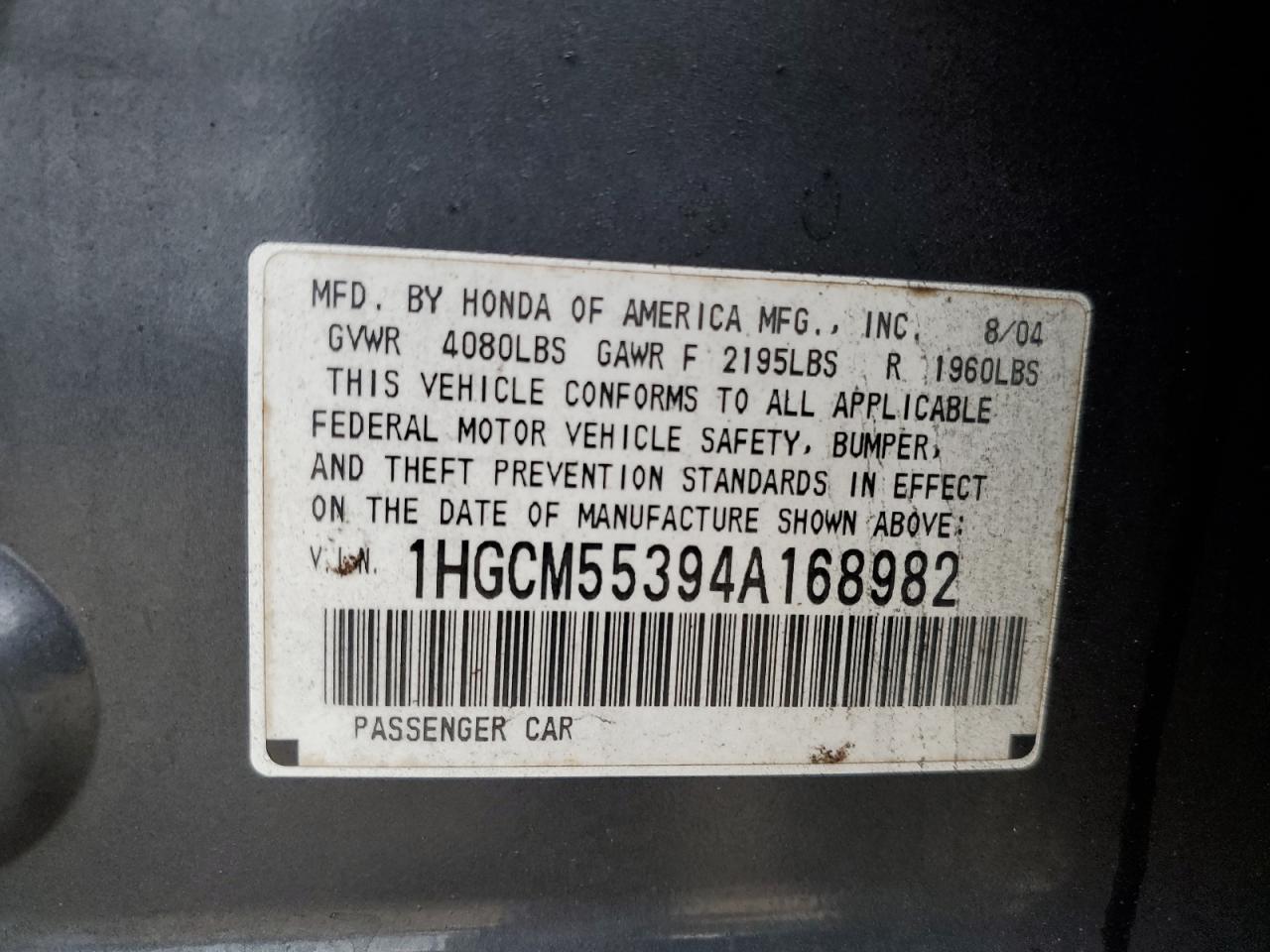 2004 Honda Accord VIN 1HGCM55394A168982 Copart auction photo, rear end damage thumbnail 12