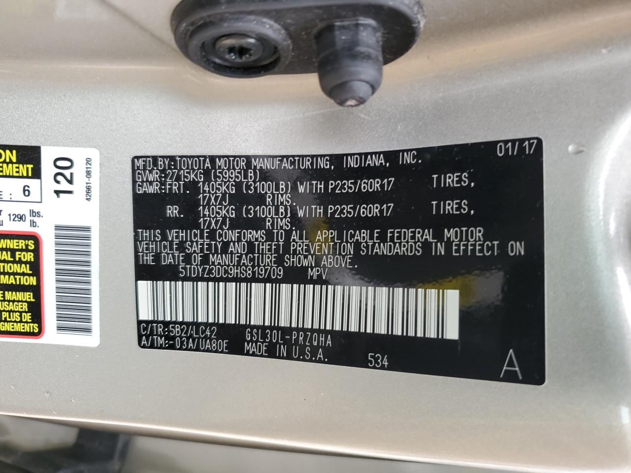 2017 Toyota Sienna VIN 5TDYZ3DC9HS819709 Copart auction photo, rear end damage thumbnail 13