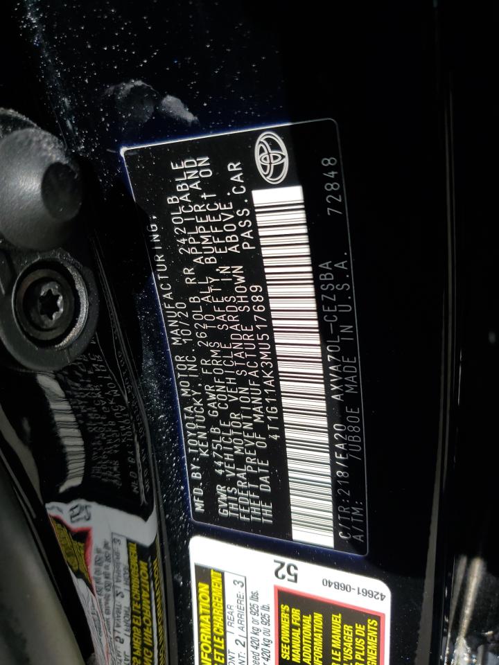 2021 Toyota Camry VIN 4T1G11AK3MU517689 Copart auction photo, rear end damage thumbnail 15