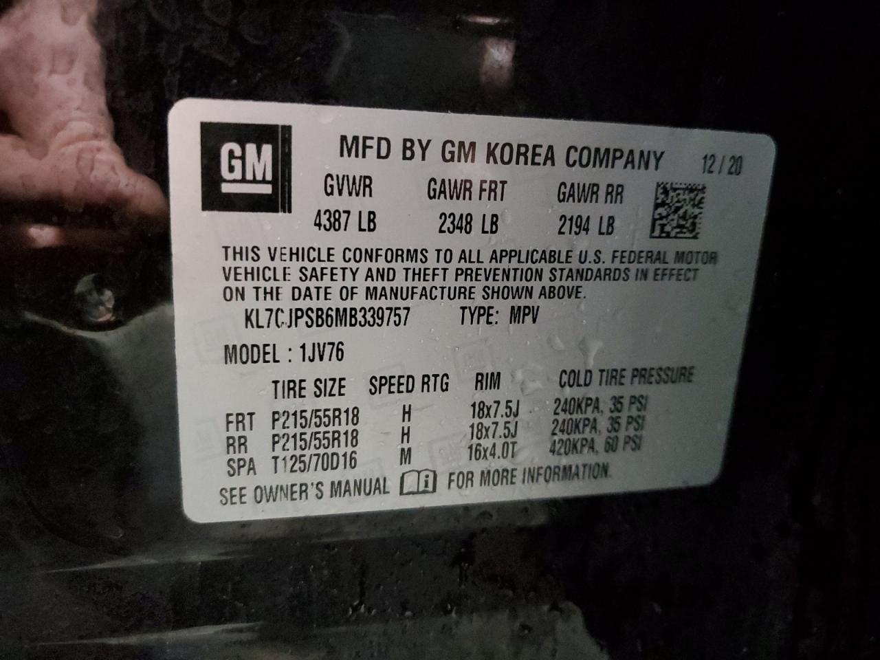 2021 Chevrolet Trax VIN KL7CJPSB6MB339757 Copart auction photo, front end damage thumbnail 13