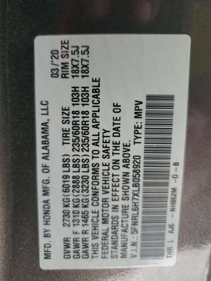 2020 Honda Odyssey VIN 5FNRL6H7XLB058920 Copart auction photo, side damage thumbnail 14