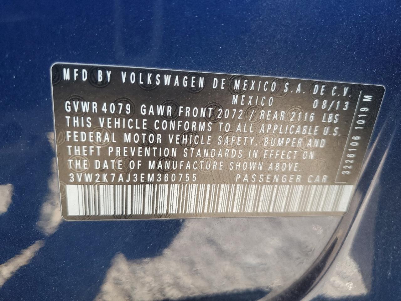 2014 Volkswagen Jetta VIN 3VW2K7AJ3EM360755 Copart auction photo, front end damage thumbnail 12