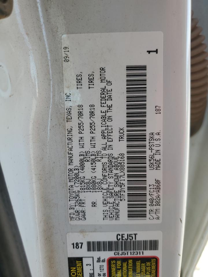 2020 Toyota Tundra VIN 5TFDY5F17LX885168 Copart auction photo, front end / side damage thumbnail 12