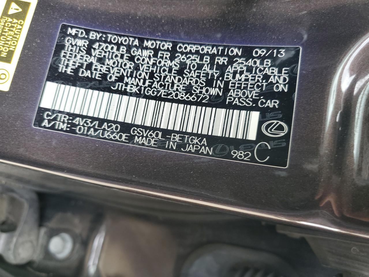 2014 Lexus ES VIN JTHBK1GG7E2086672 Copart auction photo, rear end damage thumbnail 14