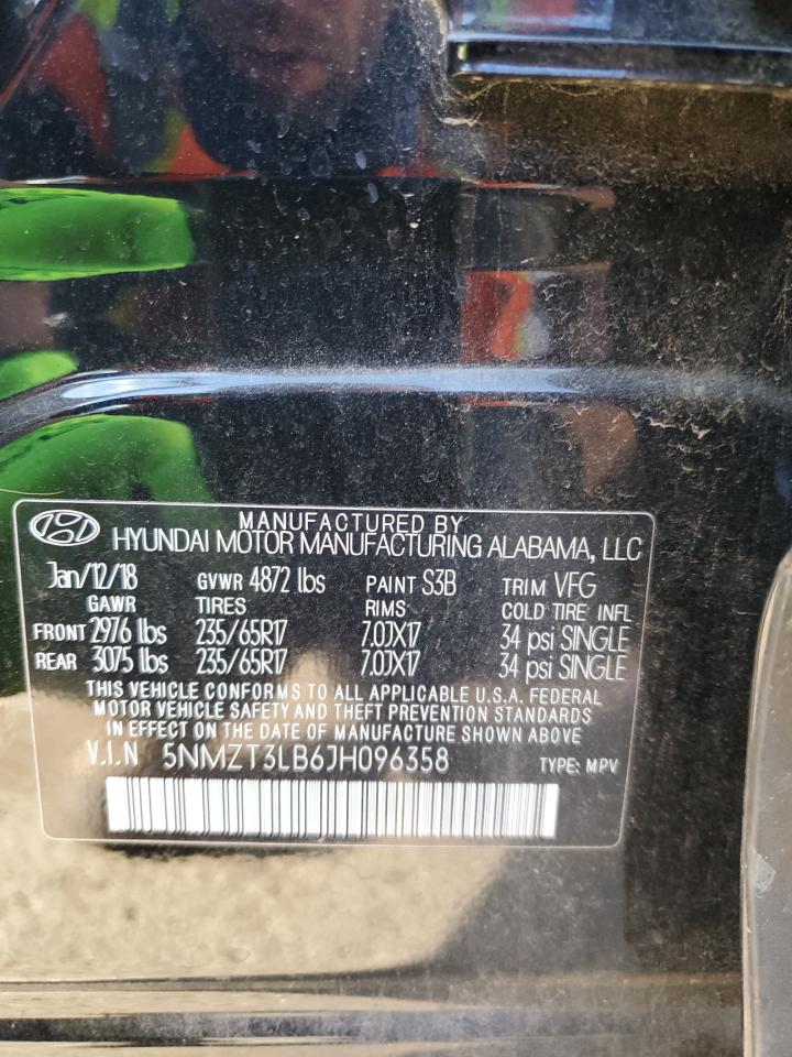 2018 Hyundai Santa Fe VIN 5NMZT3LB6JH096358 Copart auction photo, rear end damage thumbnail 13