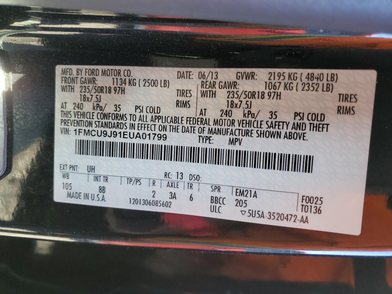2014 Ford Escape VIN 1FMCU9J91EUA01799 Copart auction photo, undercarriage damage thumbnail 13