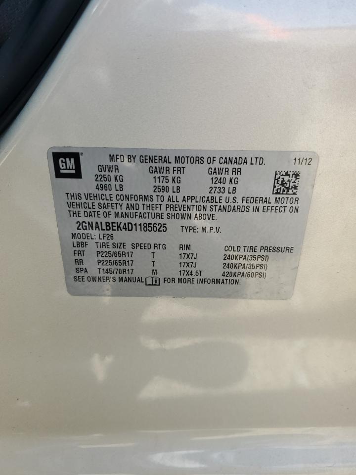 2013 Chevrolet Equinox VIN 2GNALBEK4D1185625 Copart auction photo, rear end / side damage thumbnail 15