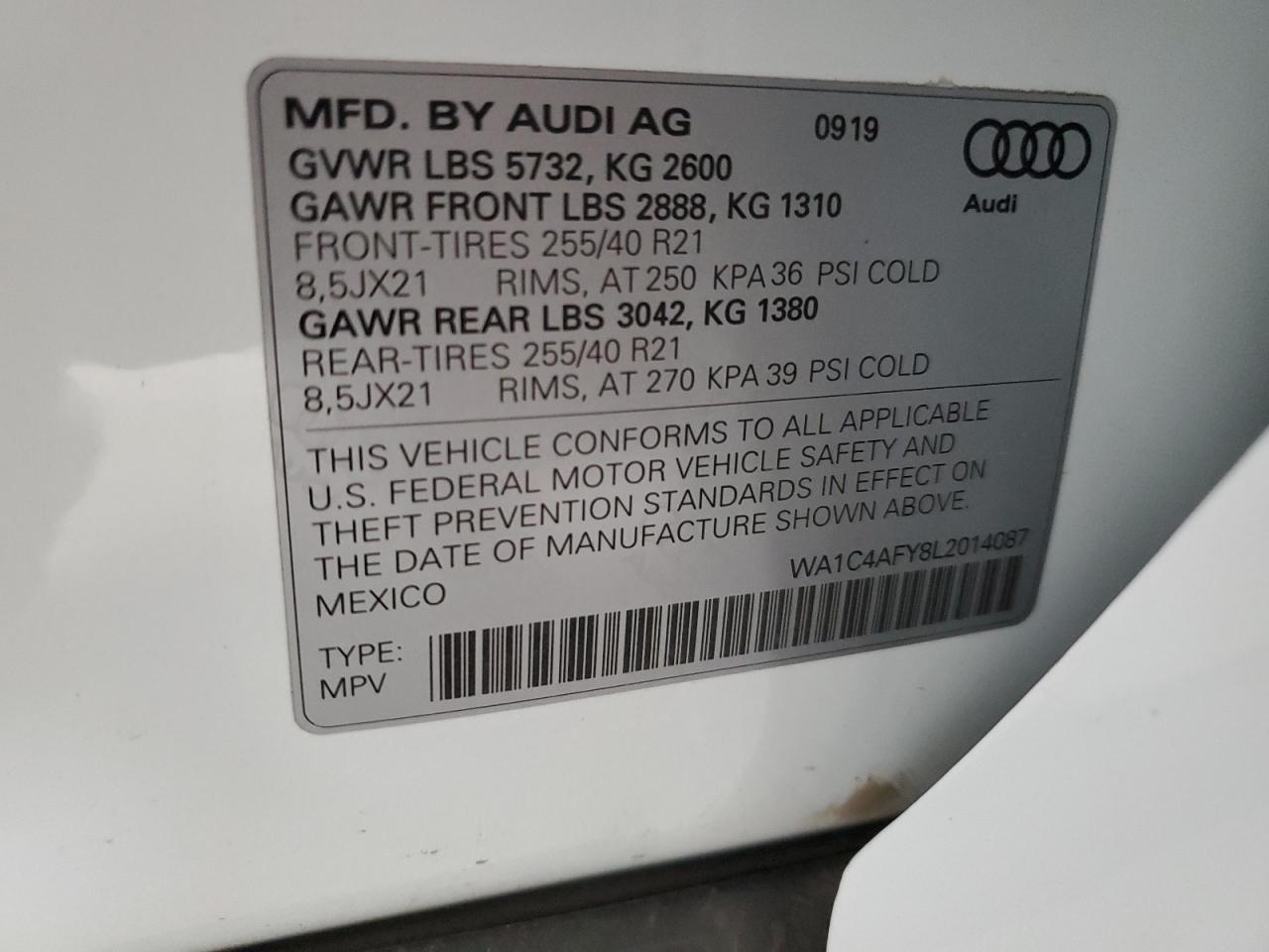 2020 Audi SQ5 VIN WA1C4AFY8L2014087 Copart auction photo, side damage thumbnail 12