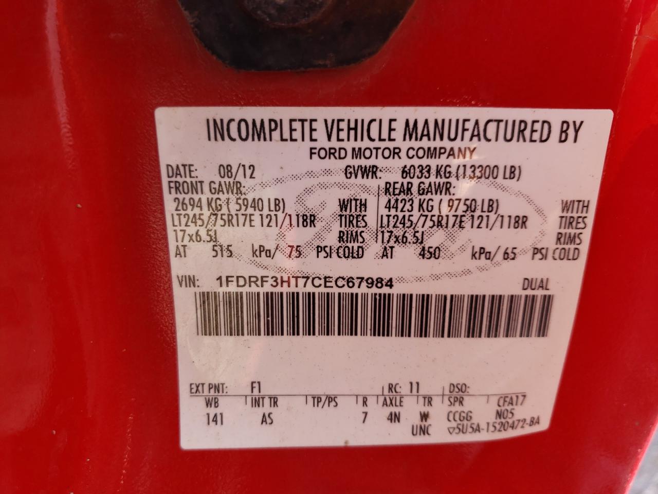 2012 Ford F350 VIN 1FDRF3HT7CEC67984 Copart auction photo, undercarriage damage thumbnail 13