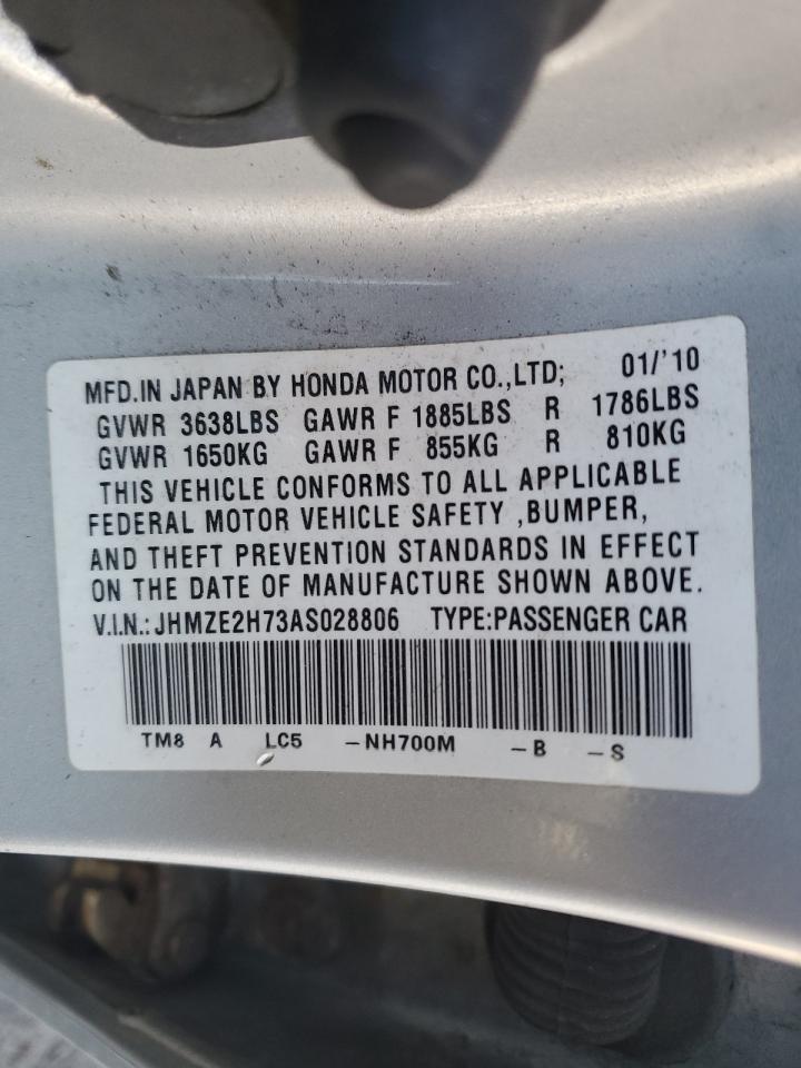 2010 Honda Insight VIN JHMZE2H73AS028806 Copart auction photo, front end / side damage thumbnail 14
