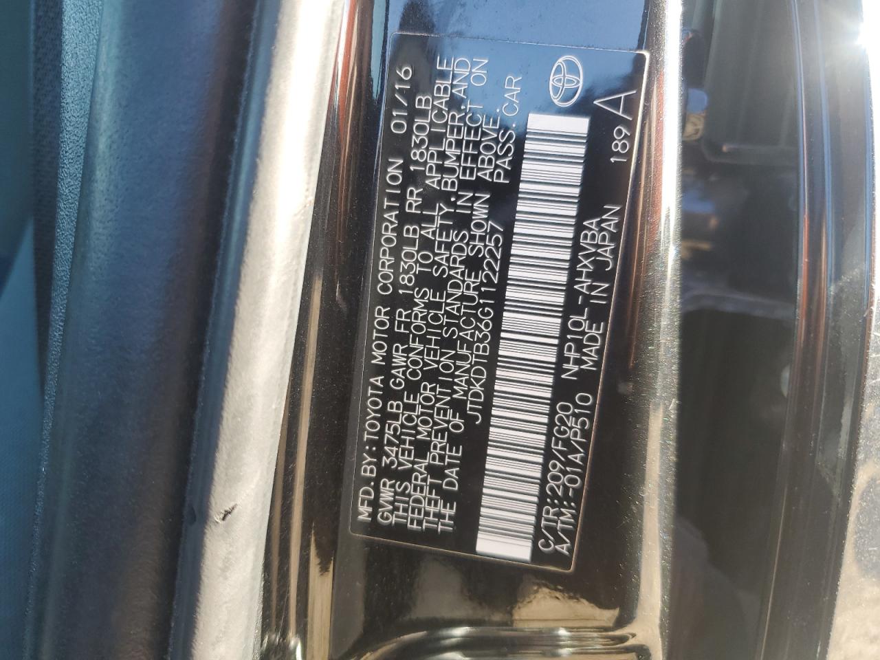 2016 Toyota Prius VIN JTDKDTB36G1122257 Copart auction photo, normal wear / mechanical damage thumbnail 12