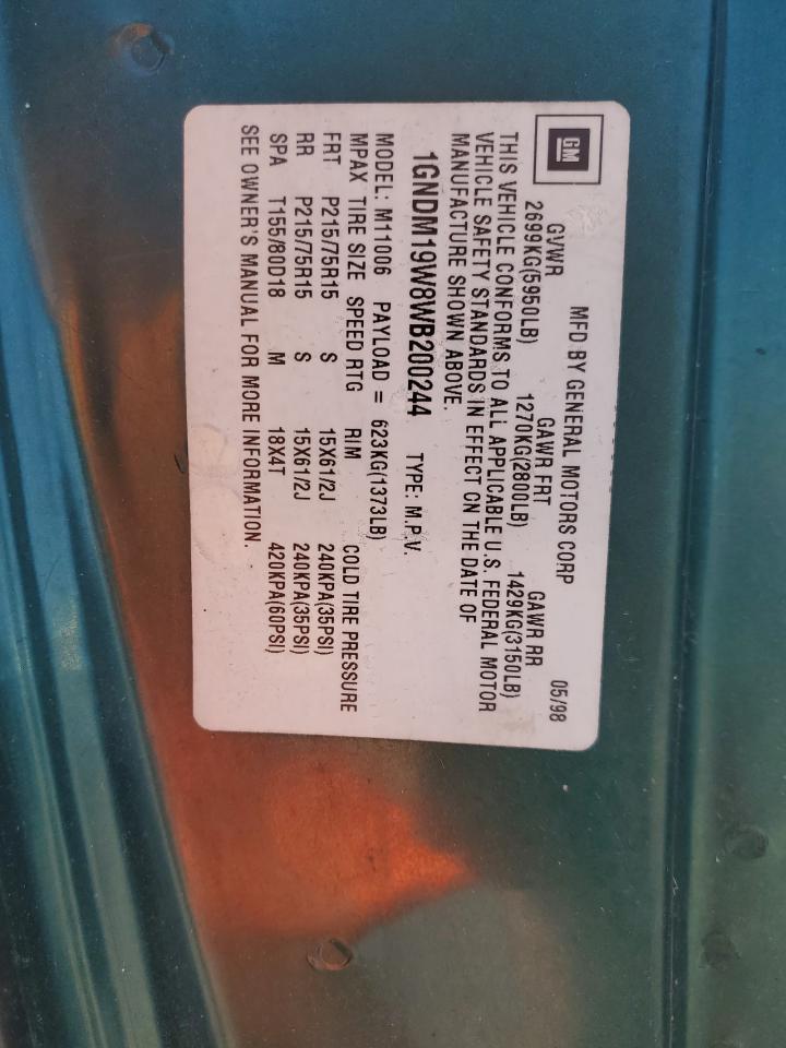 1998 Chevrolet Astro VIN 1GNDM19W8WB200244 Copart auction photo, water/flood damage thumbnail 14