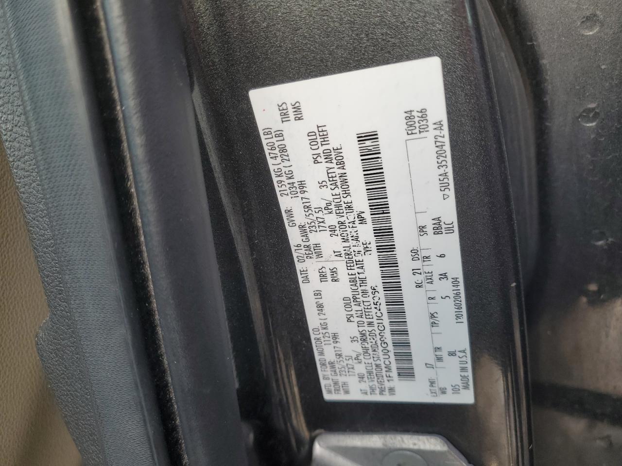 2016 Ford Escape VIN 1FMCU0G90GUC45966 Copart auction photo, rear end damage thumbnail 13