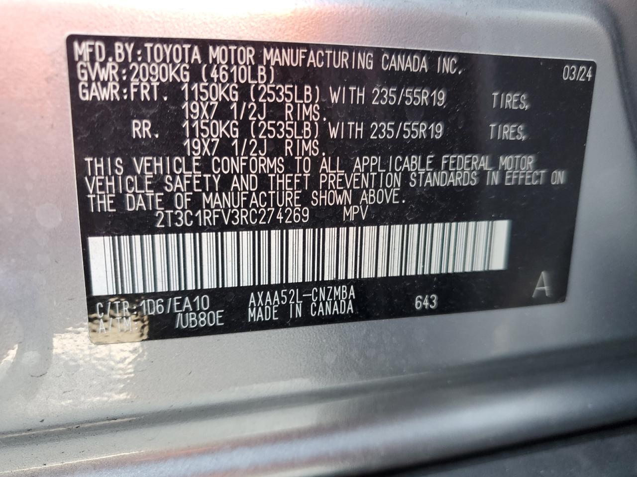 2024 Toyota RAV 4 VIN 2T3C1RFV3RC274269 Copart auction photo, rollover damage thumbnail 13
