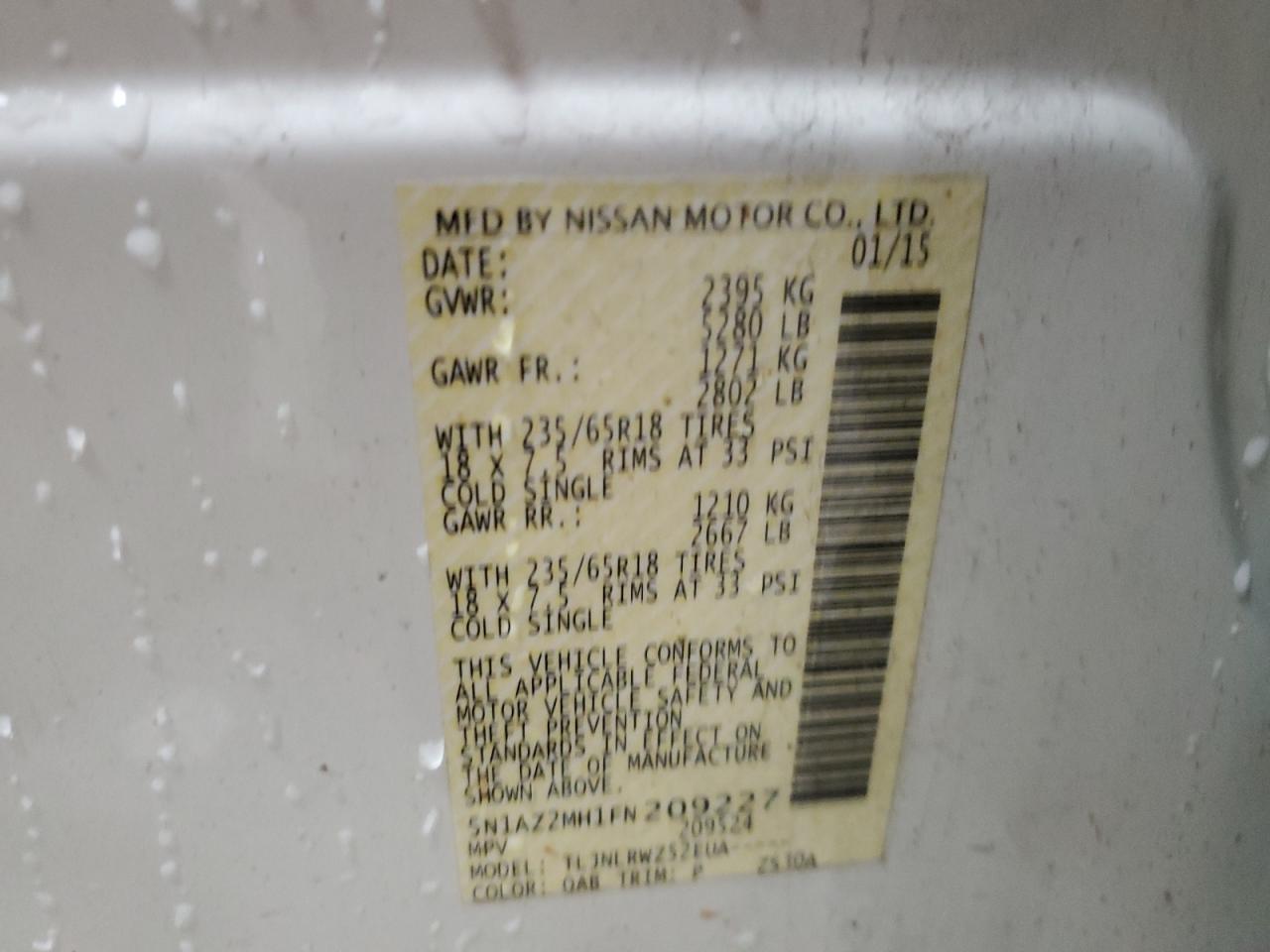 2015 Nissan Murano VIN 5N1AZ2MH1FN209227 Copart auction photo, front end / rear end damage thumbnail 15