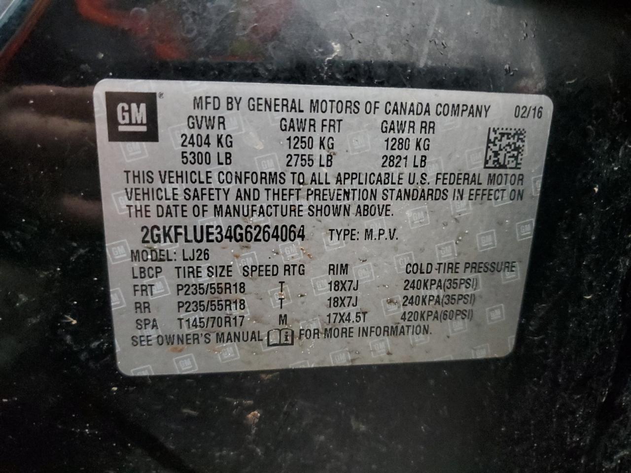 2016 GMC Terrain VIN 2GKFLUE34G6264064 Copart auction photo, front end / side damage thumbnail 14