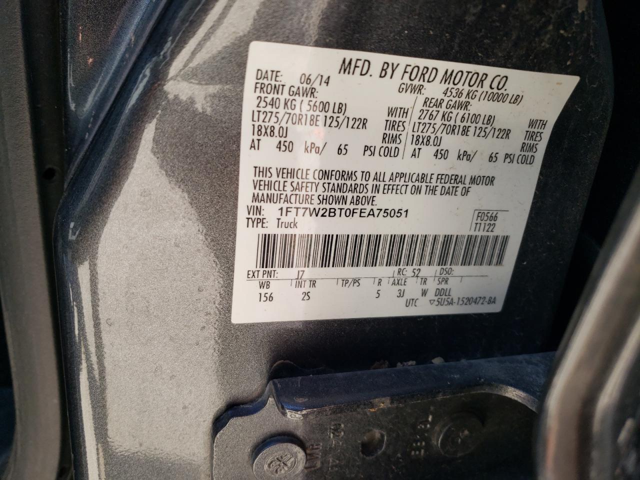 2015 Ford F250 VIN 1FT7W2BT0FEA75051 Copart auction photo, rollover damage thumbnail 15