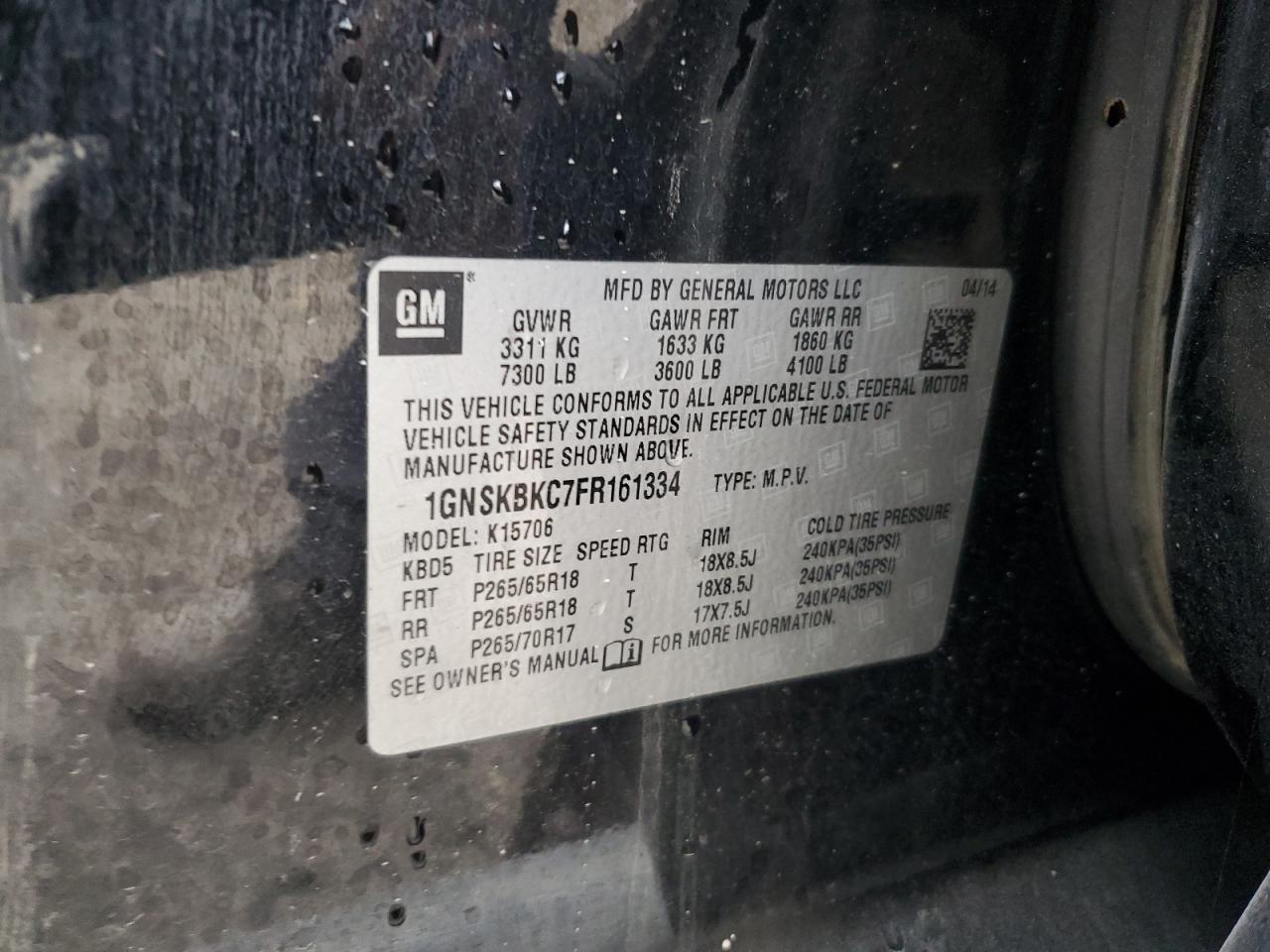 2015 Chevrolet Tahoe VIN 1GNSKBKC7FR161334 Copart auction photo, rear end / side damage thumbnail 14
