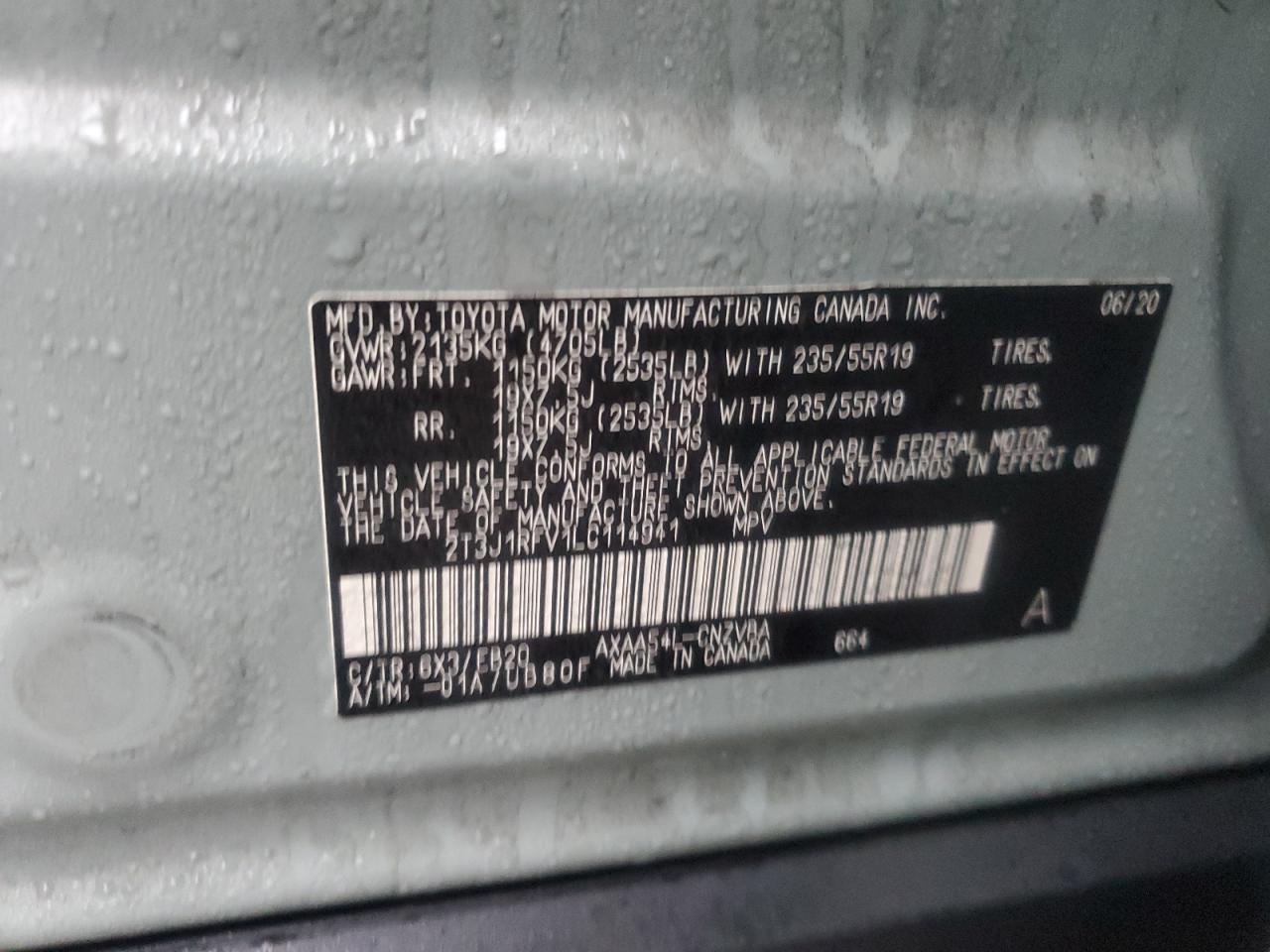 2020 Toyota RAV 4 VIN 2T3J1RFV1LC114941 Copart auction photo, front end / rear end damage thumbnail 15