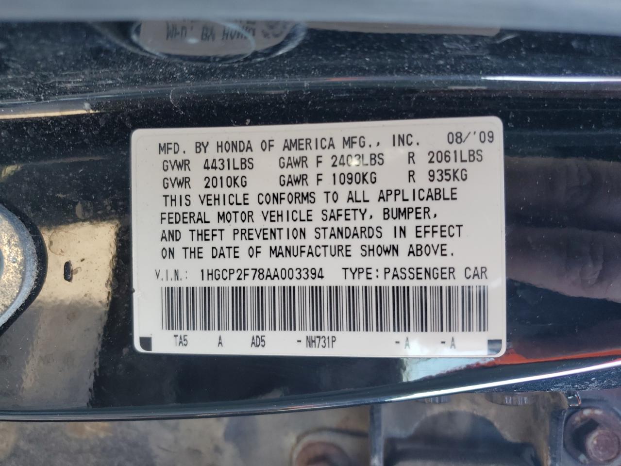 2010 Honda Accord VIN 1HGCP2F78AA003394 Copart auction photo, undercarriage / front end damage thumbnail 12