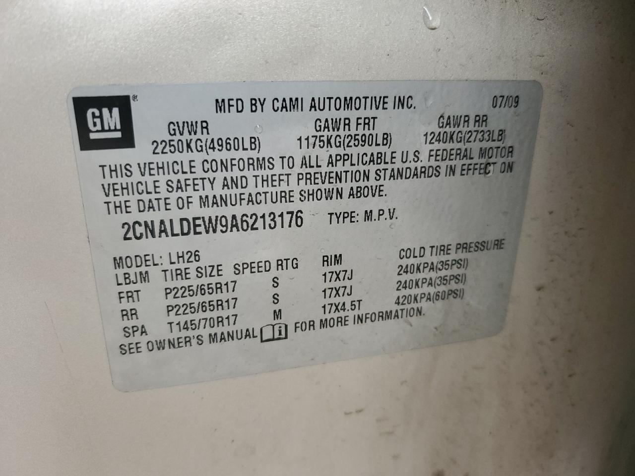 2010 Chevrolet Equinox VIN 2CNALDEW9A6213176 Copart auction photo, front end / side damage thumbnail 13