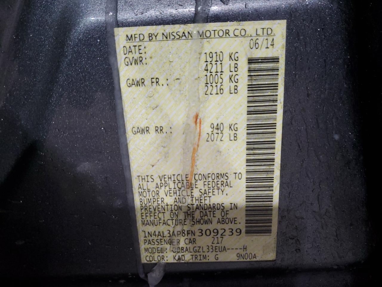 2015 Nissan Altima VIN 1N4AL3AP8FN309239 Copart auction photo, rear end / side damage thumbnail 12
