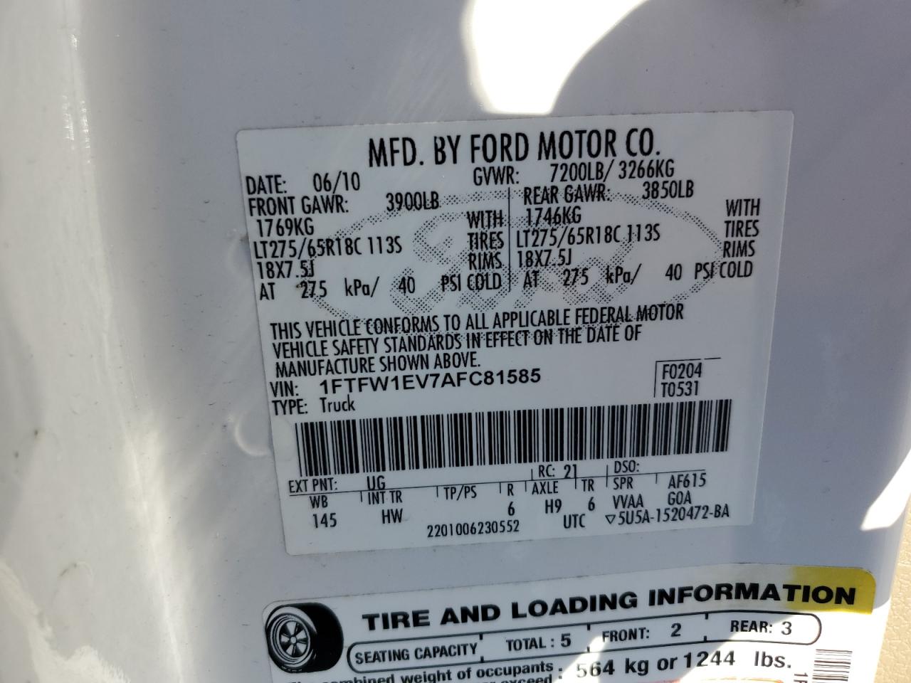 2010 Ford F-150 VIN 1FTFW1EV7AFC81585 Copart auction photo, side / rear end damage thumbnail 12