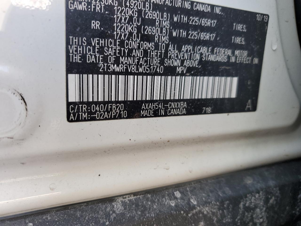 2020 Toyota RAV 4 VIN 2T3MWRFV8LW051740 Copart auction photo, front end / side damage thumbnail 13