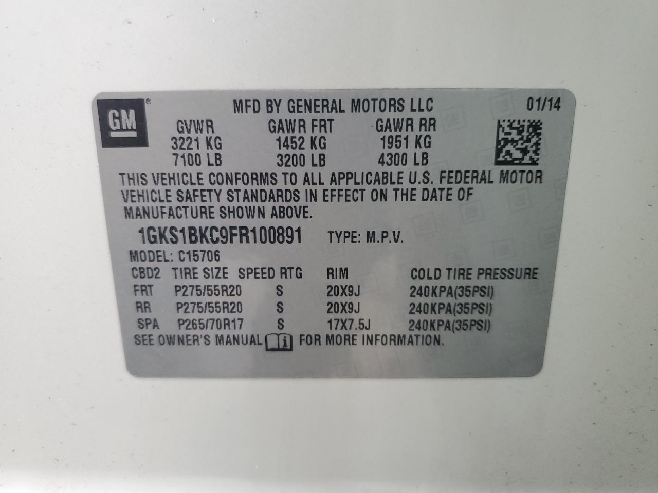 2015 GMC Yukon VIN 1GKS1BKC9FR100891 Copart auction photo, front end damage thumbnail 15