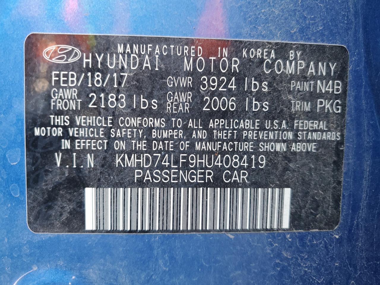 2017 Hyundai Elantra VIN KMHD74LF9HU408419 Copart auction photo, front end / side damage thumbnail 13