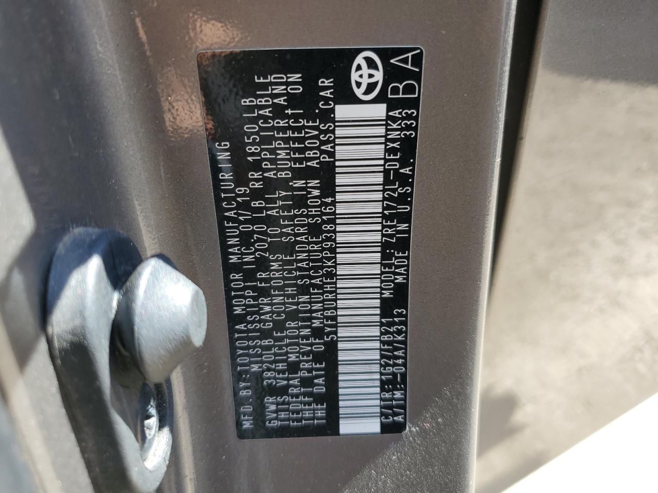 2019 Toyota Corolla VIN 5YFBURHE3KP938164 Copart auction photo, front end / minor dent/scratches damage thumbnail 12