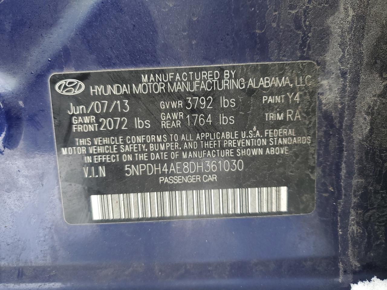 2013 Hyundai Elantra VIN 5NPDH4AE8DH361030 Copart auction photo, front end / minor dent/scratches damage thumbnail 12