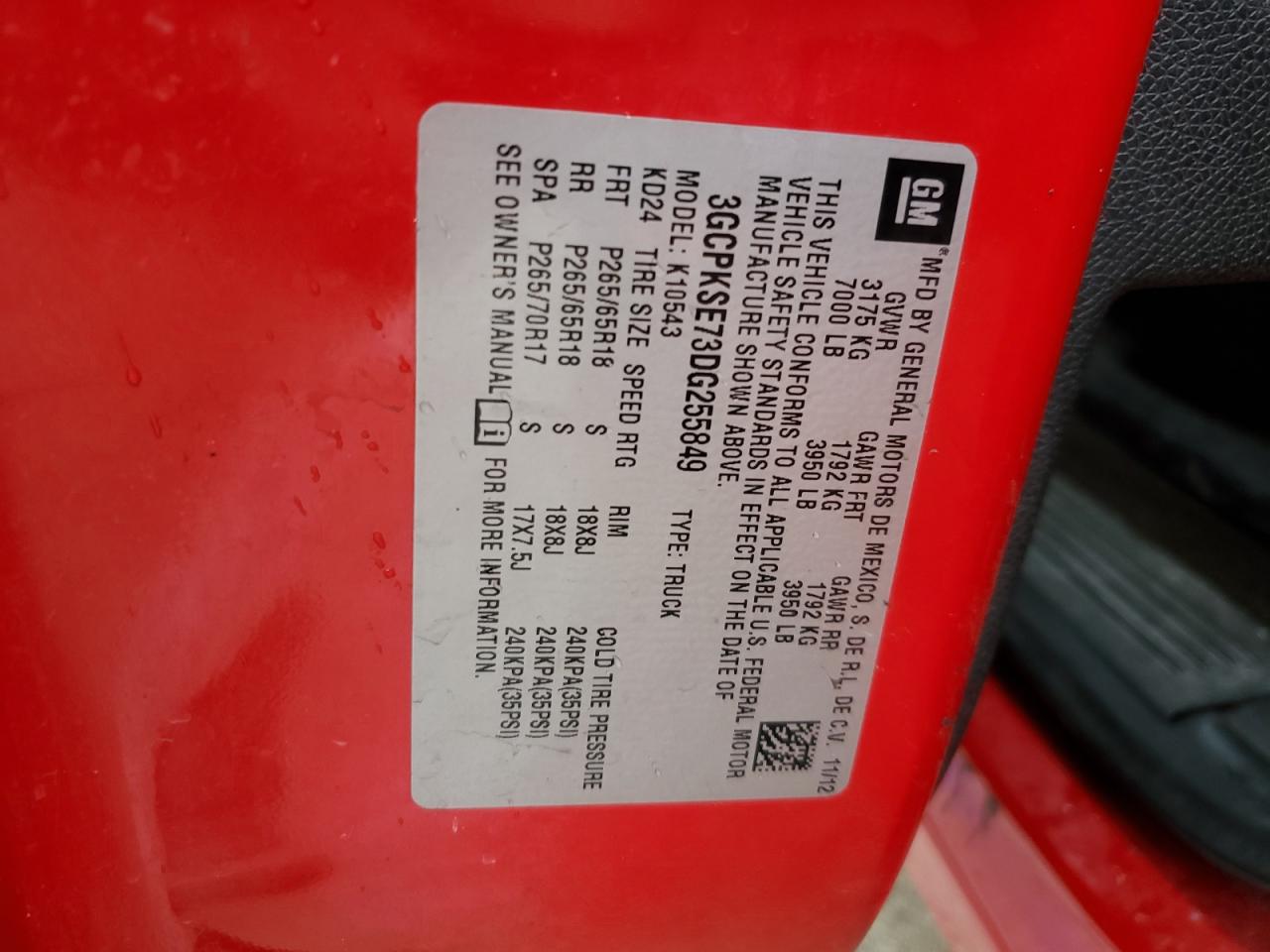 2013 Chevrolet Silverado VIN 3GCPKSE73DG255849 Copart auction photo, side / hail damage thumbnail 12
