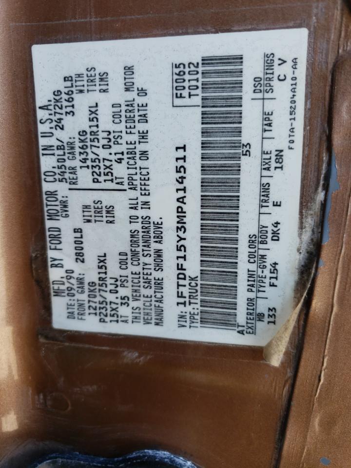 1991 Ford F-150 VIN 1FTDF15Y3MPA14511 Copart auction photo, rear end damage thumbnail 12