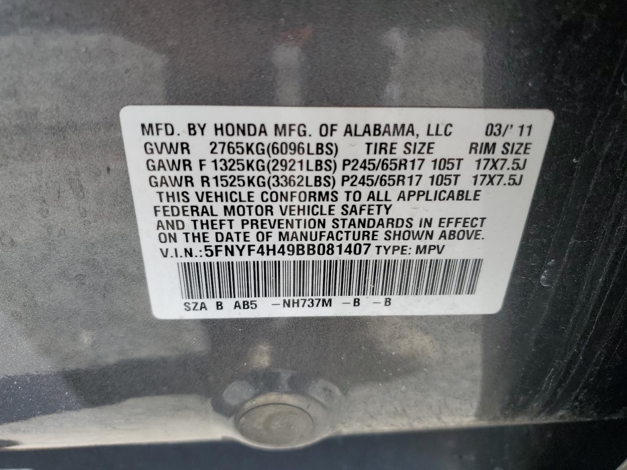 2011 Honda Pilot VIN 5FNYF4H49BB081407 Copart auction photo, rear end / side damage thumbnail 13