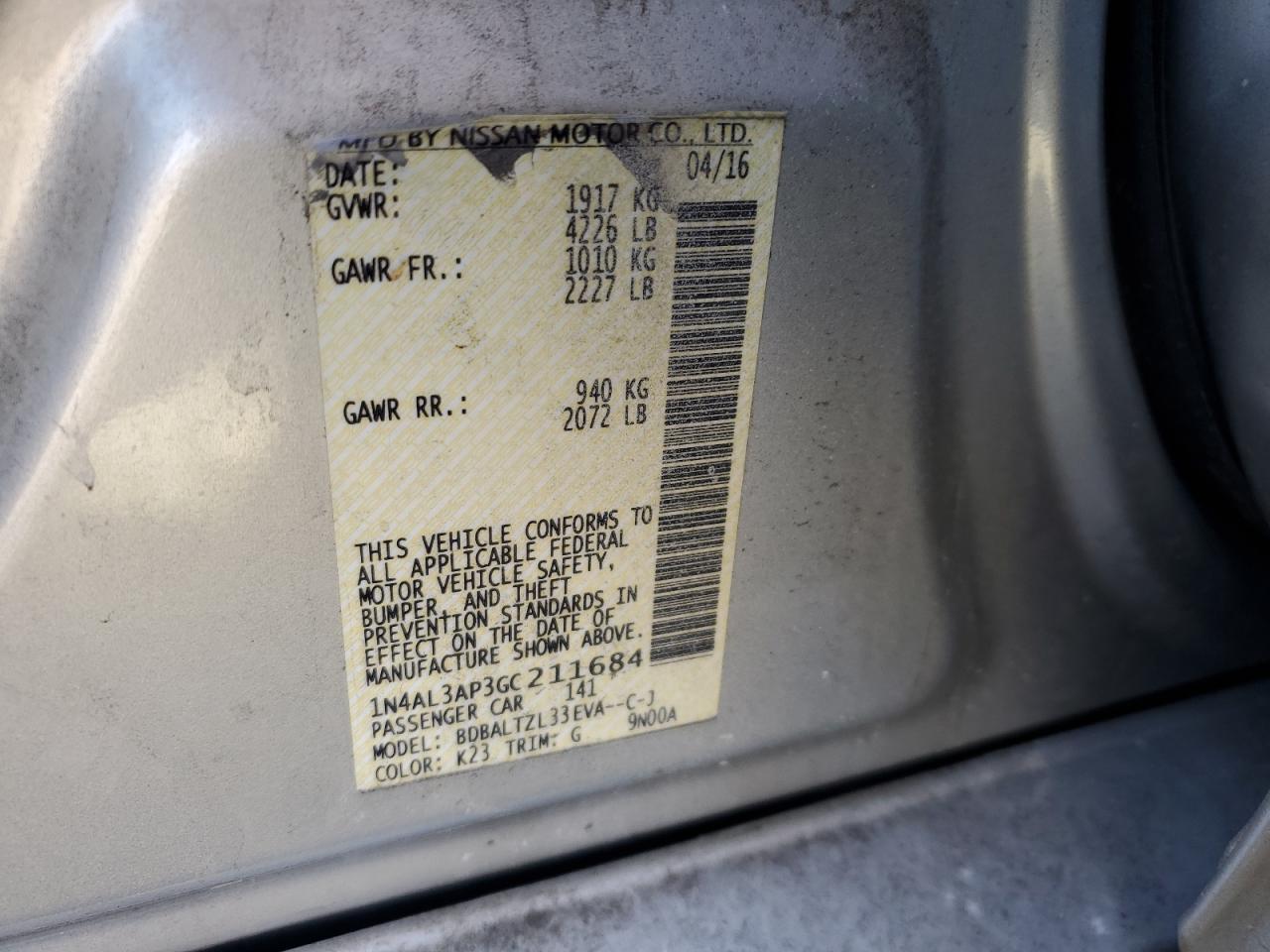 2016 Nissan Altima VIN 1N4AL3AP3GC211684 Copart auction photo, front end damage thumbnail 12
