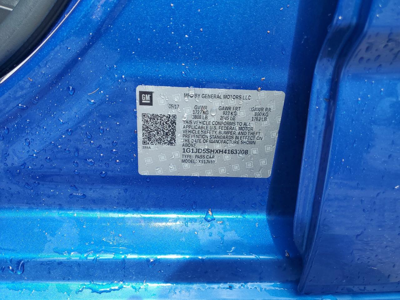 2017 Chevrolet Sonic VIN 1G1JD5SHXH4163308 Copart auction photo, water/flood damage thumbnail 13